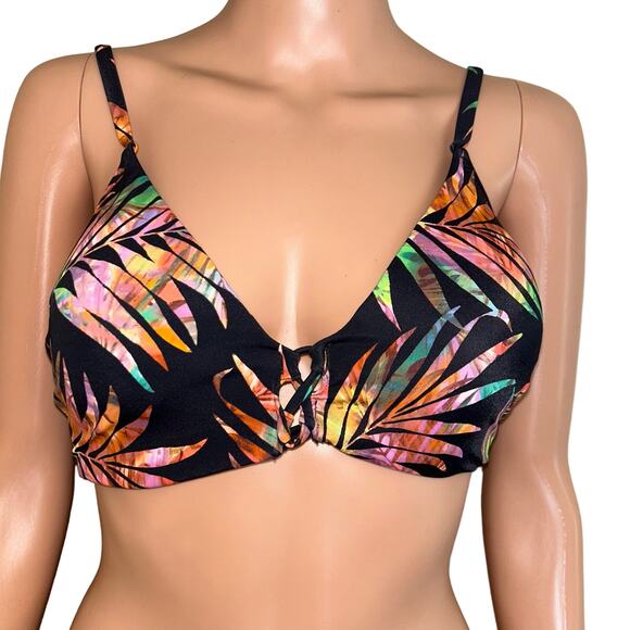 Shade & Shore Lightly Lined Lattice Front Bikini Top Black Palm Print SZ 34DD - Picture 1 of 8